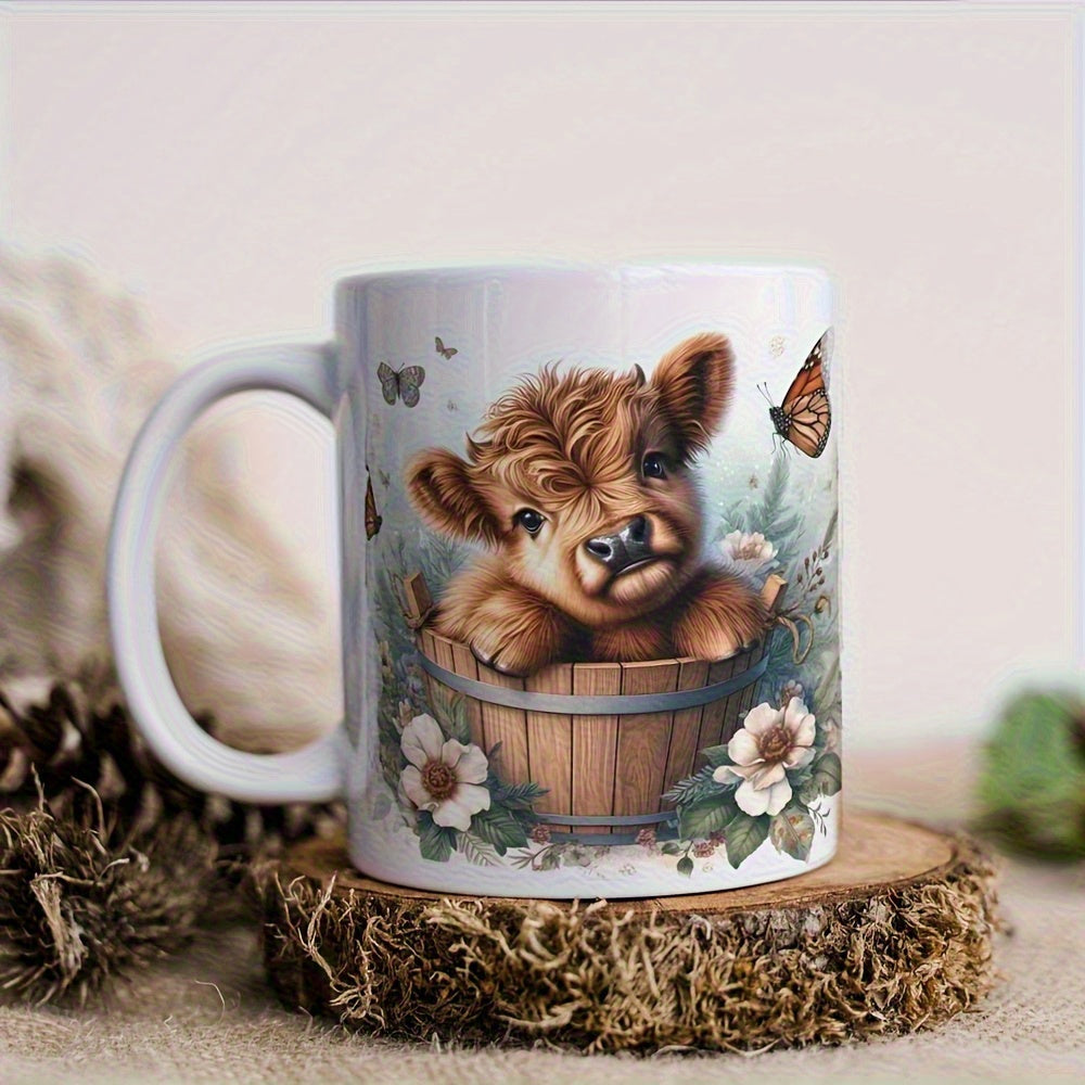Tailorly White Ceramic 11 oz Mug - Charming Fluffy Highland Calf Resting In Rustic Wooden Bucket With Blossoms Cow