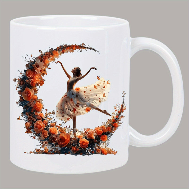 Tailorly White Ceramic 11 oz Mug - Graceful Dancer Performing On A Crescent Moon Formed By Orange Blossoms Ballerina