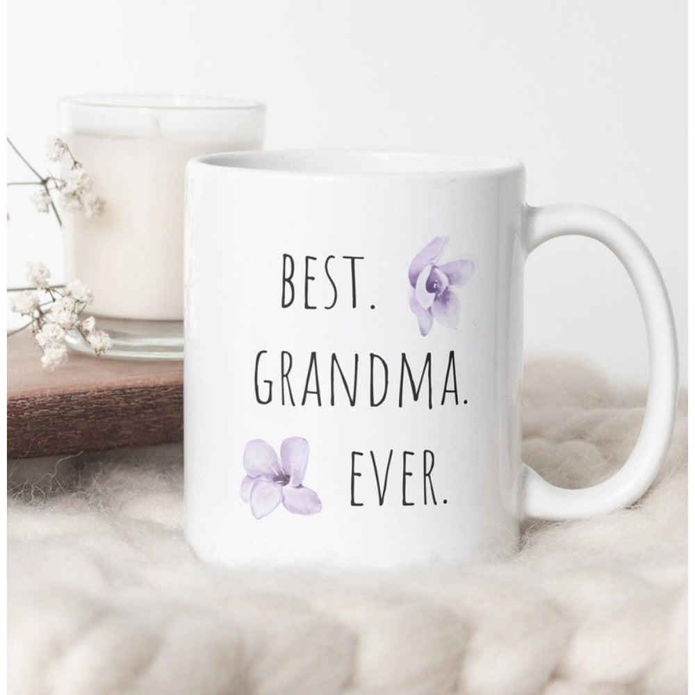 Tailorly White Ceramic 11 oz Mug - Best Grandma Ever Elegant Purple Petals Blooming Gently In Minimalist Style Floral Mug