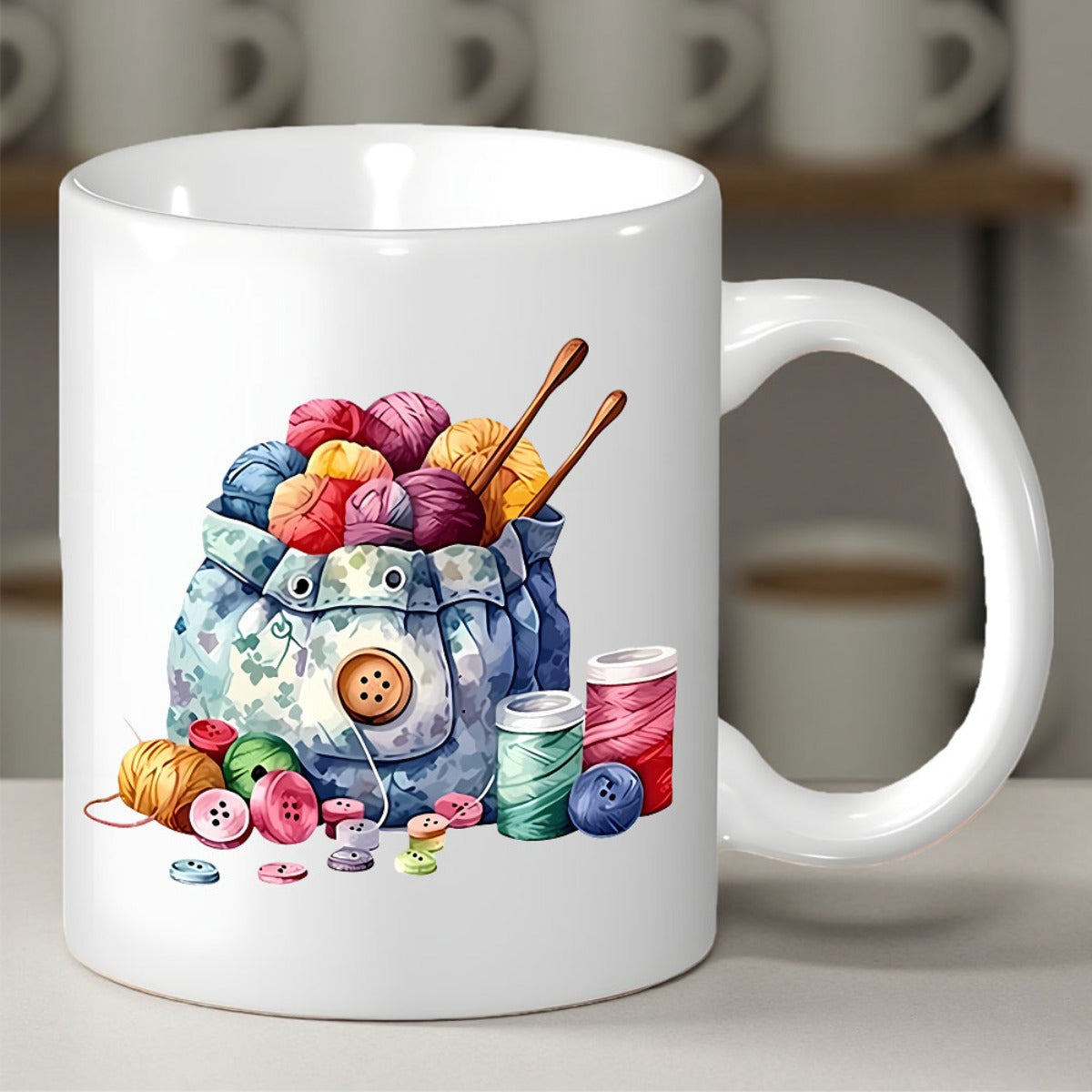 Tailorly White Ceramic 11 oz Mug - Colorful Yarn Balls Inside Fabric Bag With Buttons And Needles Basket
