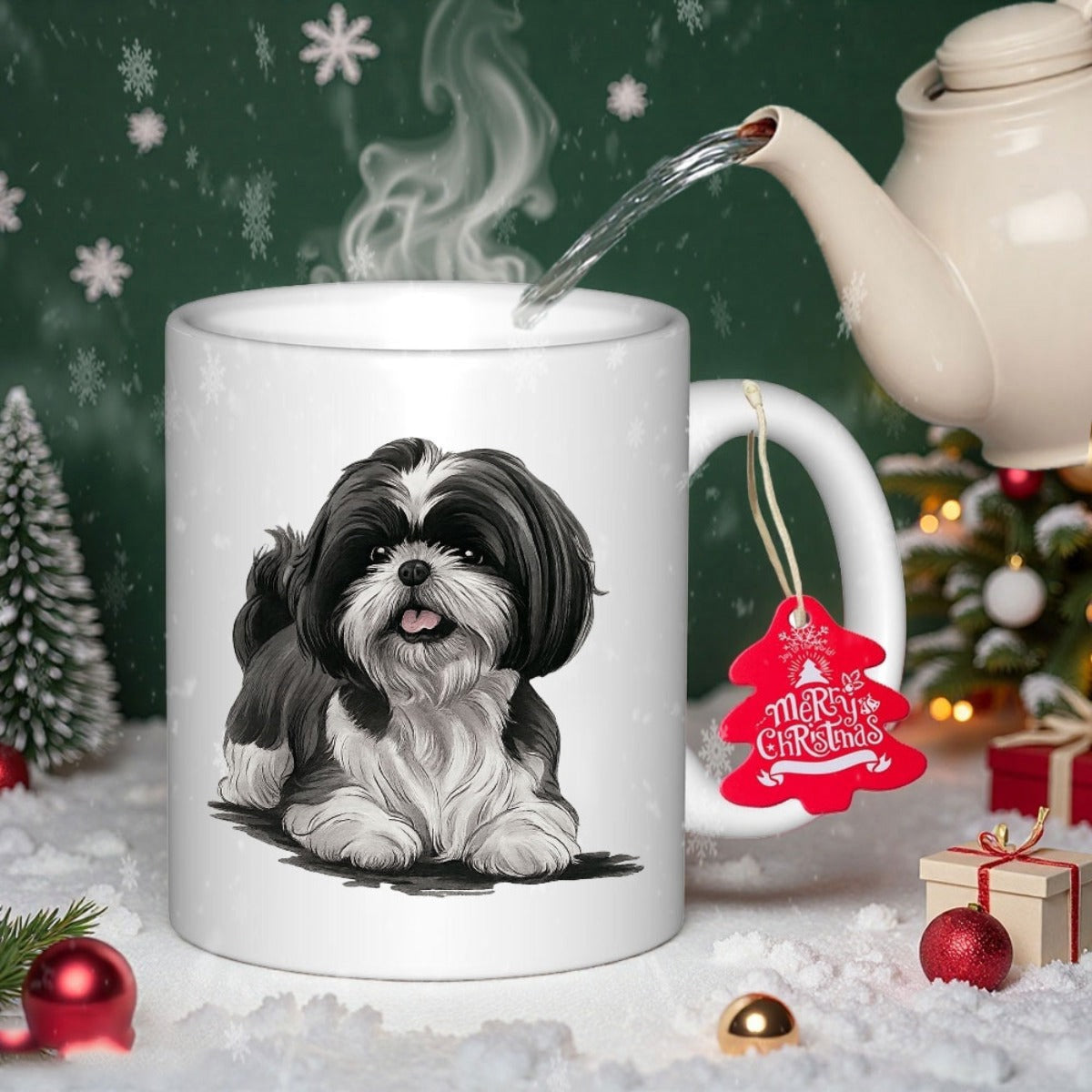 Tailorly White Ceramic 11 oz Mug - Merry Christmas Adorable Long Haired Black And White Puppy Resting Amidst Soft Snow Dog