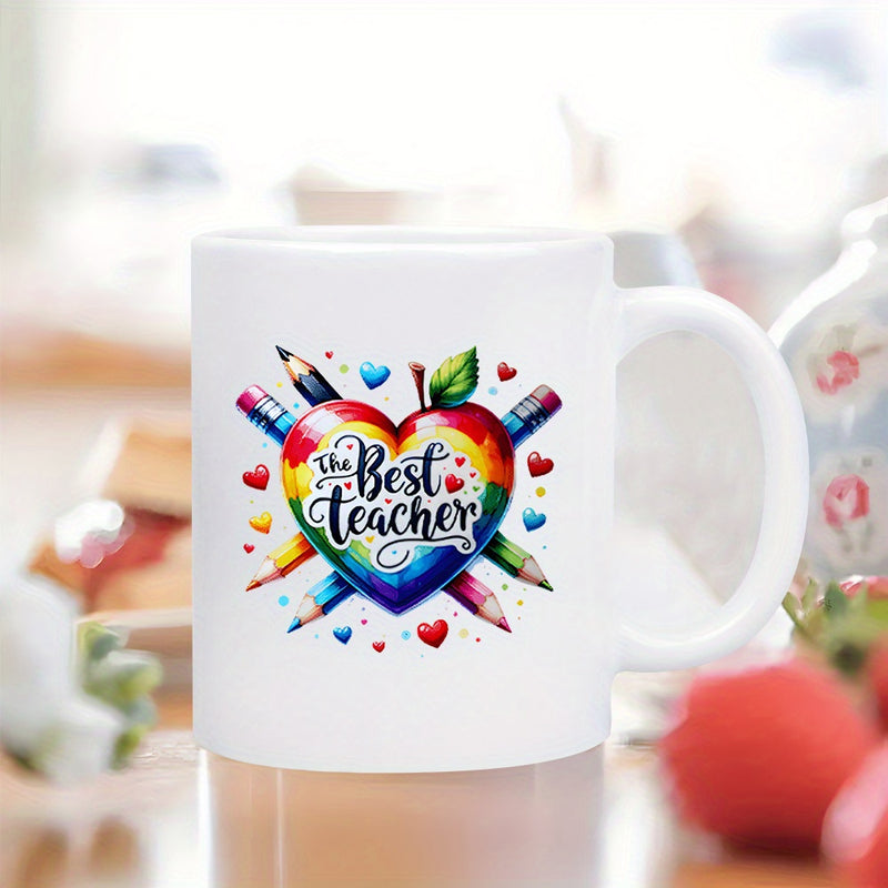 Tailorly White Ceramic 11 oz Mug - The Best Teacher Vibrant Rainbow Heart Shaped Apple Surrounded By Artistic Floating Colored Pencils Apple