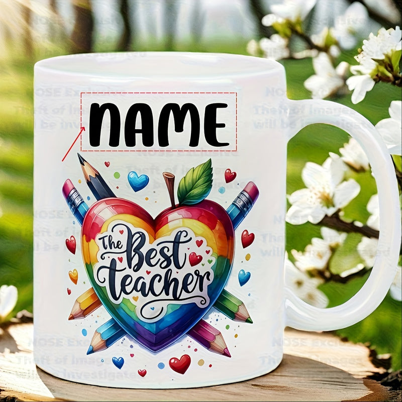 Tailorly White Ceramic 11 oz Mug - The Best Teacher Vibrant Rainbow Apple Shaped Heart With Colorful Pencils And Small Hearts Mug