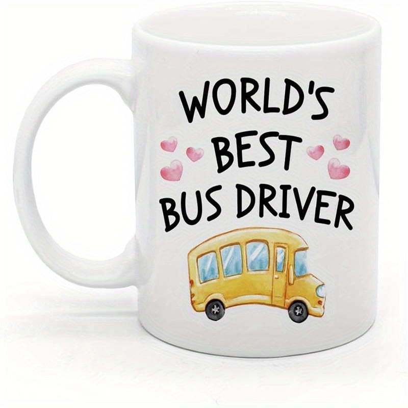 Tailorly White Ceramic 11 oz Mug - Worlds Best Bus Driver Cartoon Yellow School Bus Surrounded By Floating Pink Hearts Bus