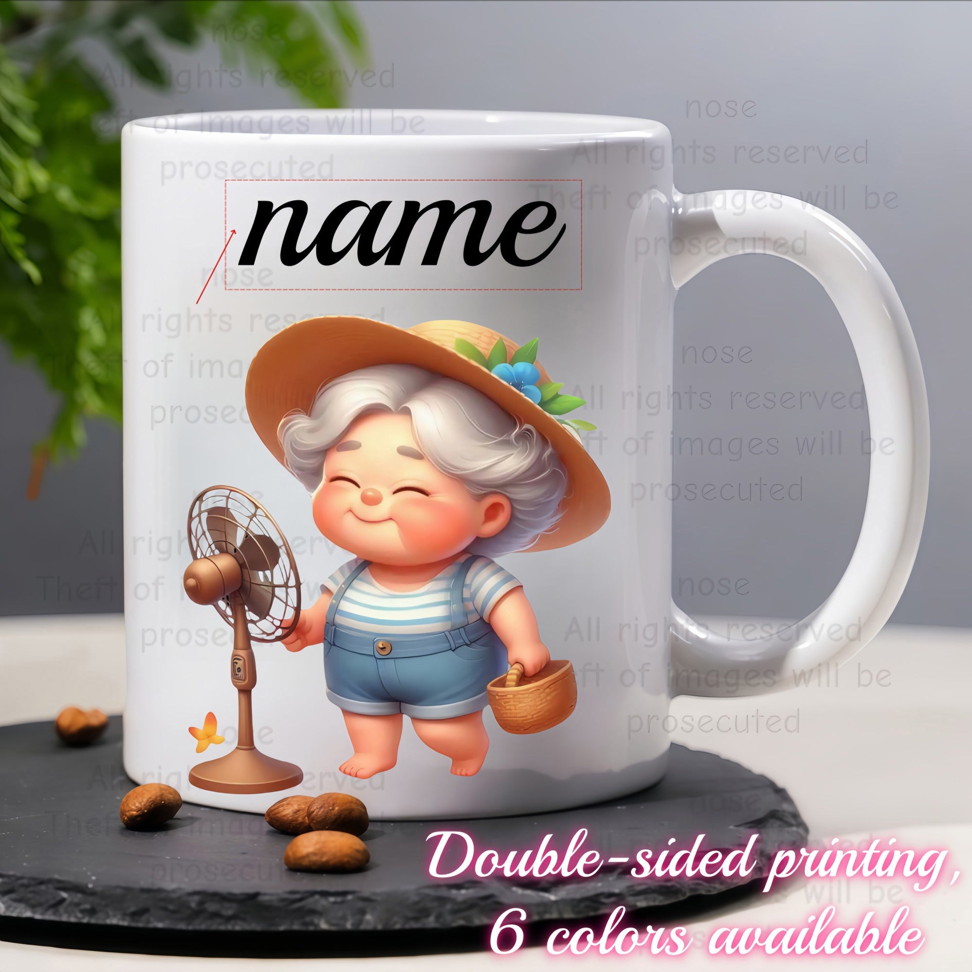Tailorly White Ceramic 11 oz Mug - Name Cute Stylized Character Of A Smiling Elderly Woman With Straw Hat Grandmother
