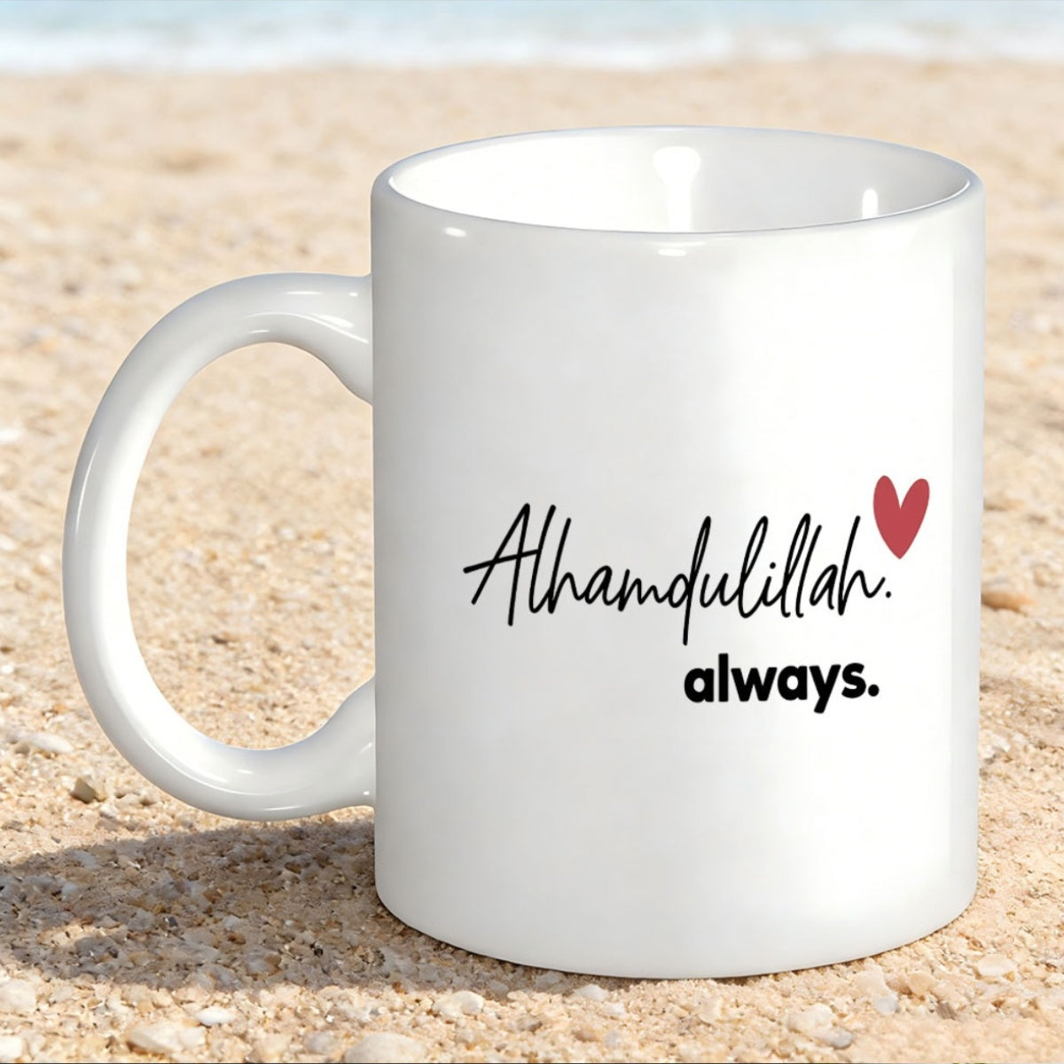 Tailorly White Ceramic 11 oz Mug - Alhamdulillah Always Simple Red Graphic Floating Beside Elegant Cursive Script Heart