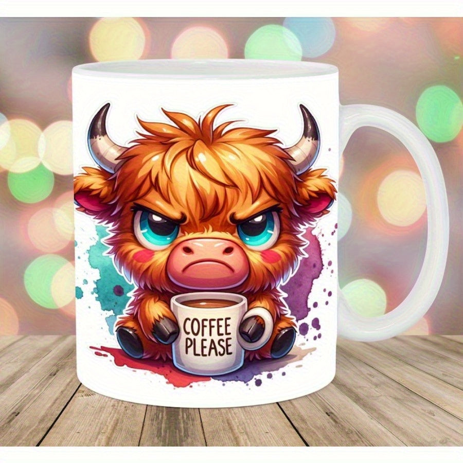 Tailorly White Ceramic 11 oz Mug - Coffee Please Adorable Shaggy Highland Animal Holding A Small Steaming Cup Of Warm Cow