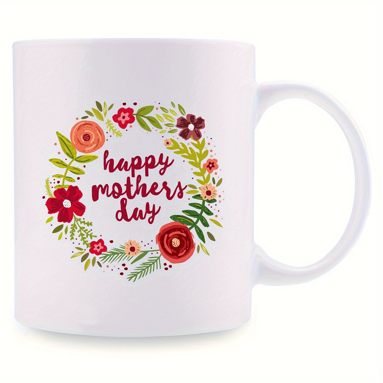 Tailorly White Ceramic 11 oz Mug - Happy Mothers Day Blooming Colorful Flowers Surrounded By Green Leaves In A Circular Arrangement Wreath