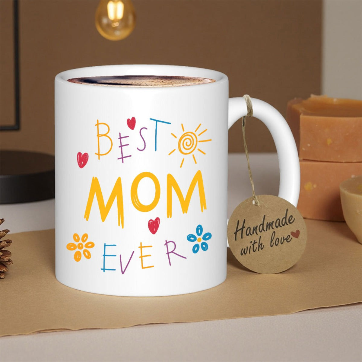 Tailorly White Ceramic 11 oz Mug - Best Mom Ever Hand Drawn Colorful Hearts Sun And Flowers With Vibrant Colors Mug