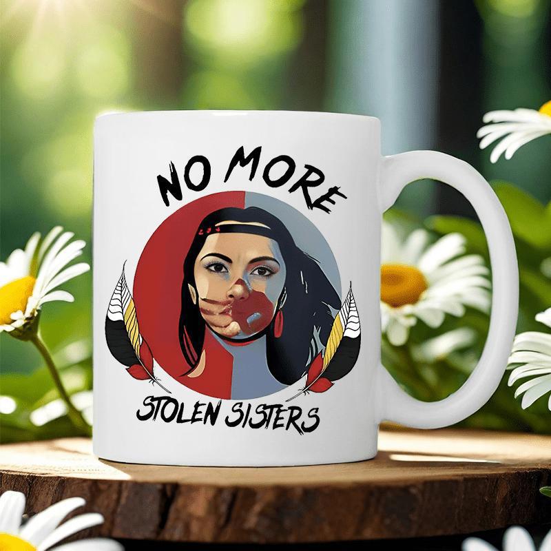 Tailorly White Ceramic 11 oz Mug - No More Stolen Sisters Indigenous Woman With Red Handprint Across Face Featuring Decorative Feathers Portrait