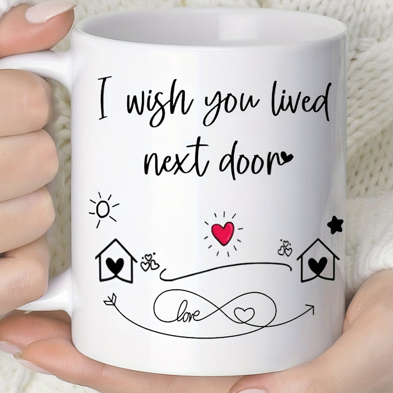 Tailorly White Ceramic 11 oz Mug - I Wish You Lived Next Door Minimalist Style Houses Connected By Curved Lines With Sun And Star House
