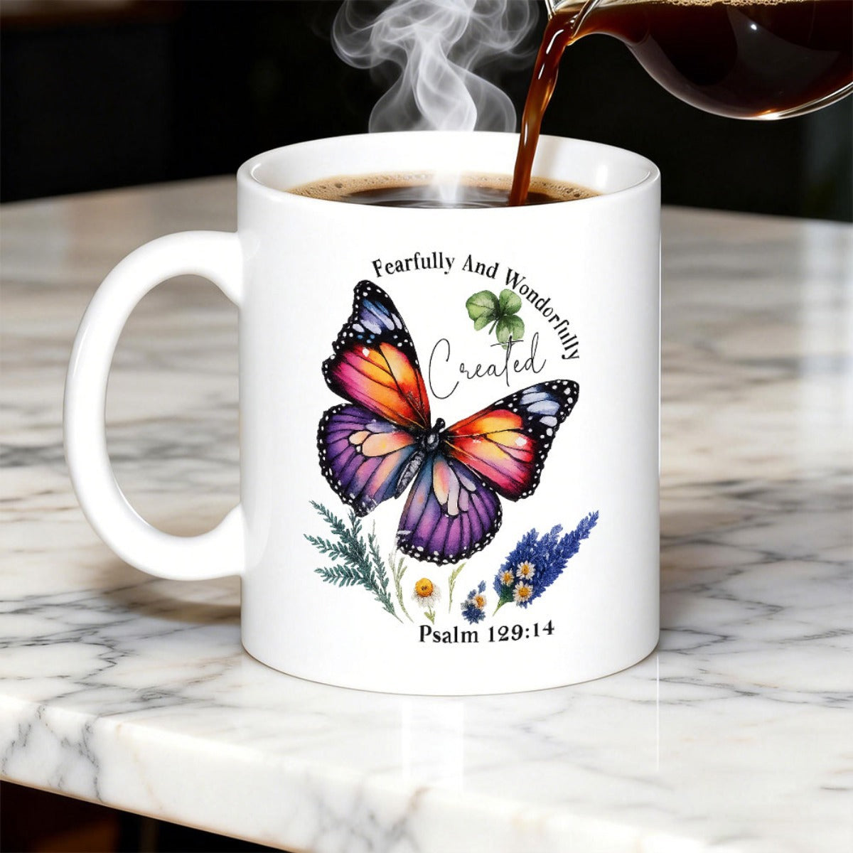 Tailorly White Ceramic 11 oz Mug - Fearfully And Wonderfully Created Psalm 139 14 Vibrant Watercolor Wings Among Delicate Wildflowers And Green Clover Foliage