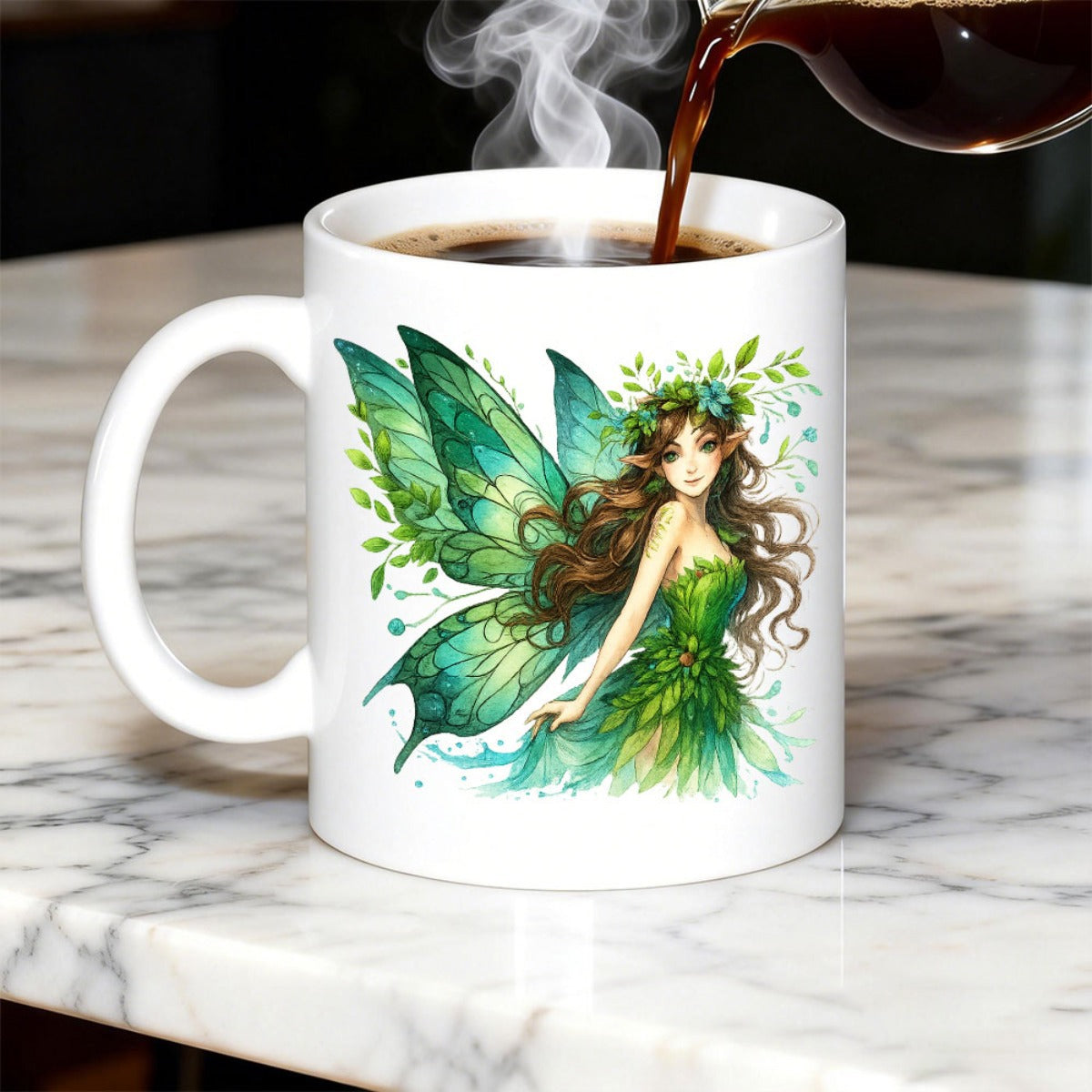 Tailorly White Ceramic 11 oz Mug - Beautiful Enchanted Forest Fairy With Vibrant Green Butterfly Wings Among Leaves Fairy