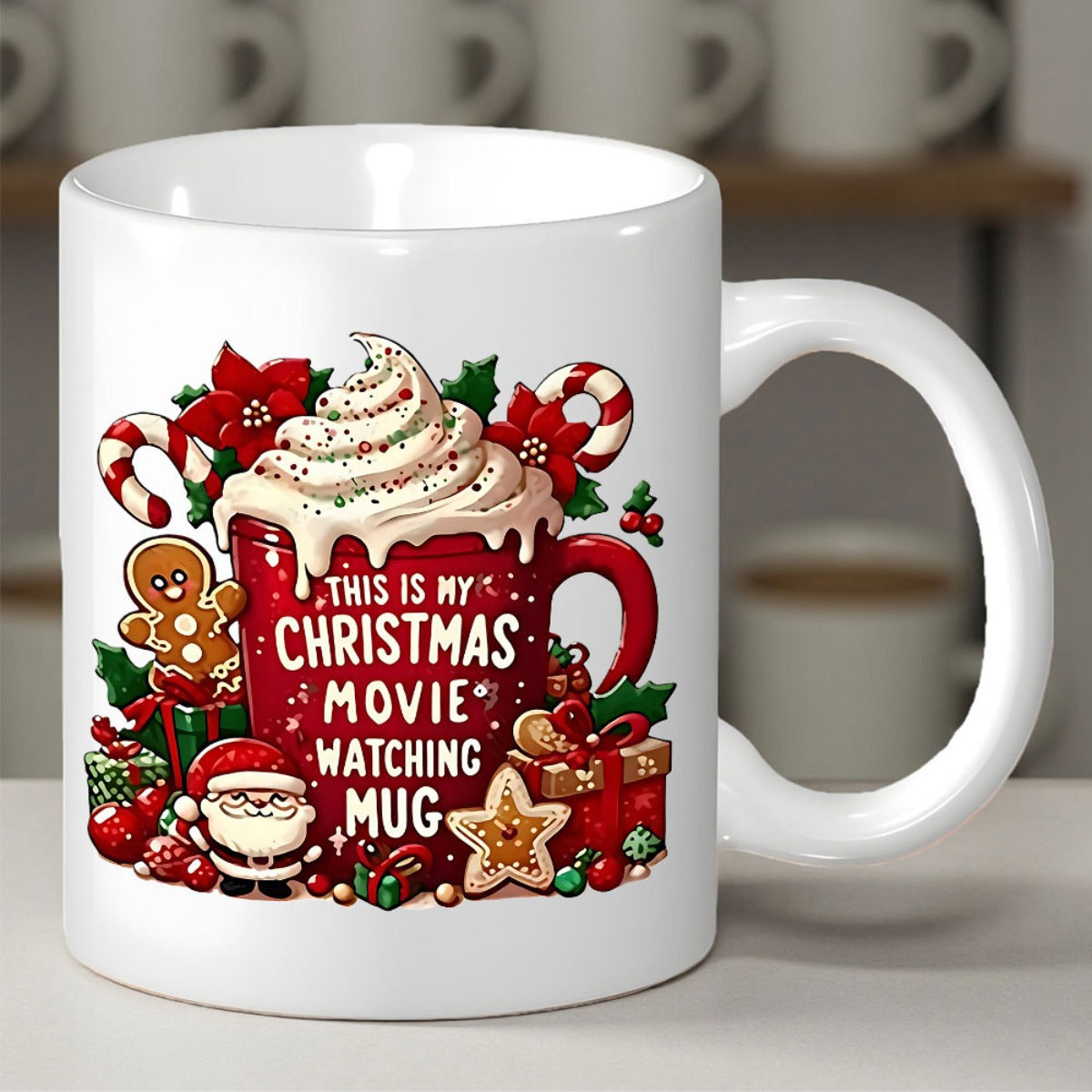 Tailorly White Ceramic 11 oz Mug - This Is My Christmas Movie Watching Mug Festive Hot Cocoa Cup Surrounded By Santa And Gingerbread Mug