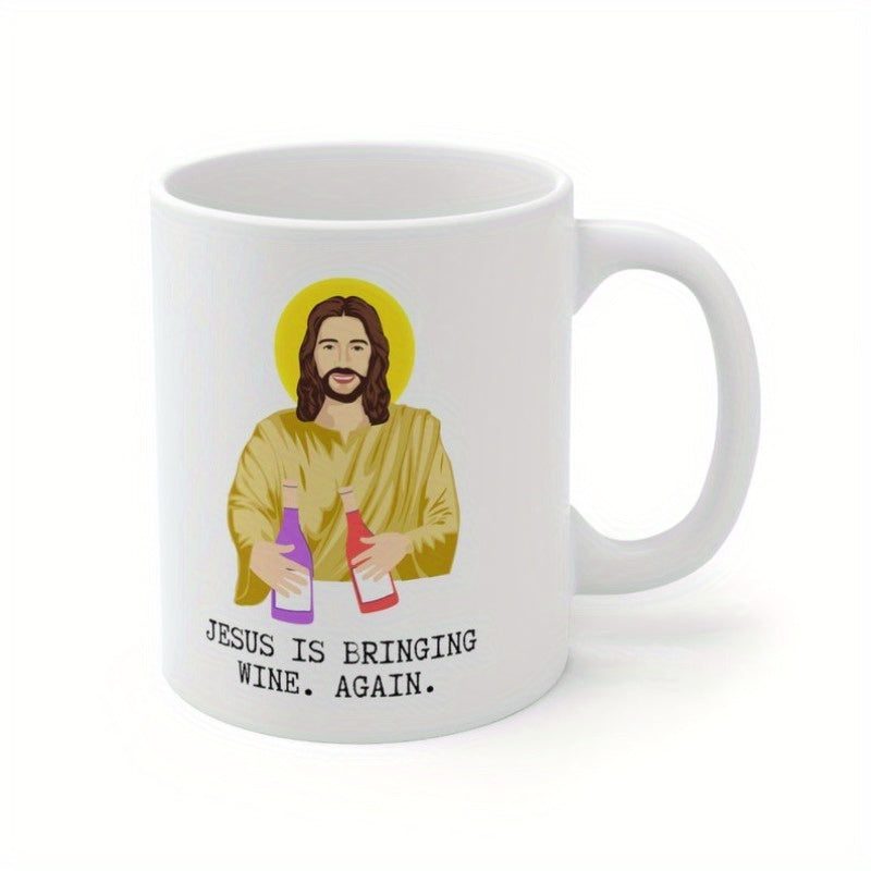 Tailorly White Ceramic 11 oz Mug - Jesus Is Bringing Wine Again Hand Drawn Religious Figure Holding Bottles Under Radiant Yellow Circular Halo Illustration