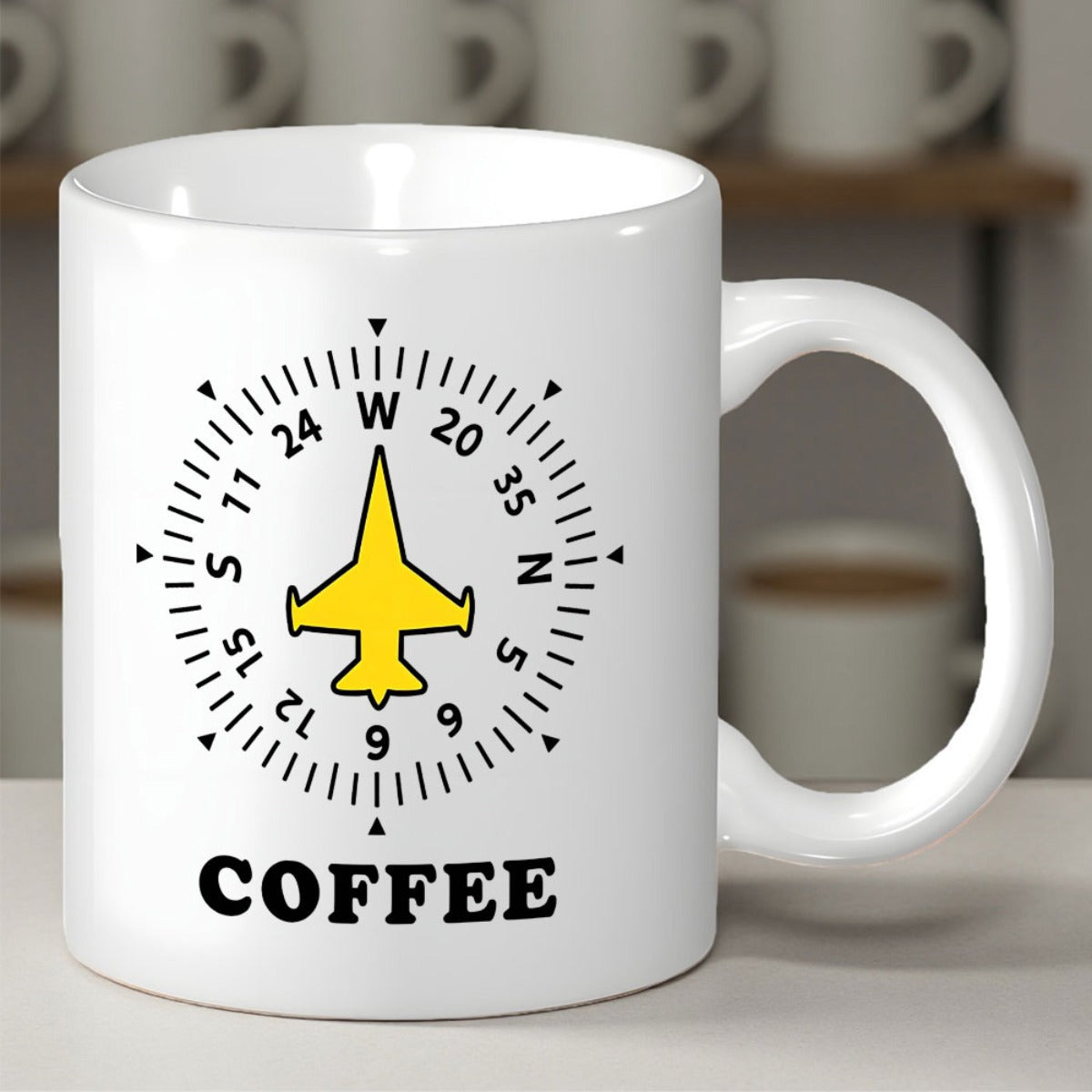 Tailorly White Ceramic 11 oz Mug - Coffee Aviation Heading Indicator Dial With Stylized Yellow Jet Silhouette Airplane