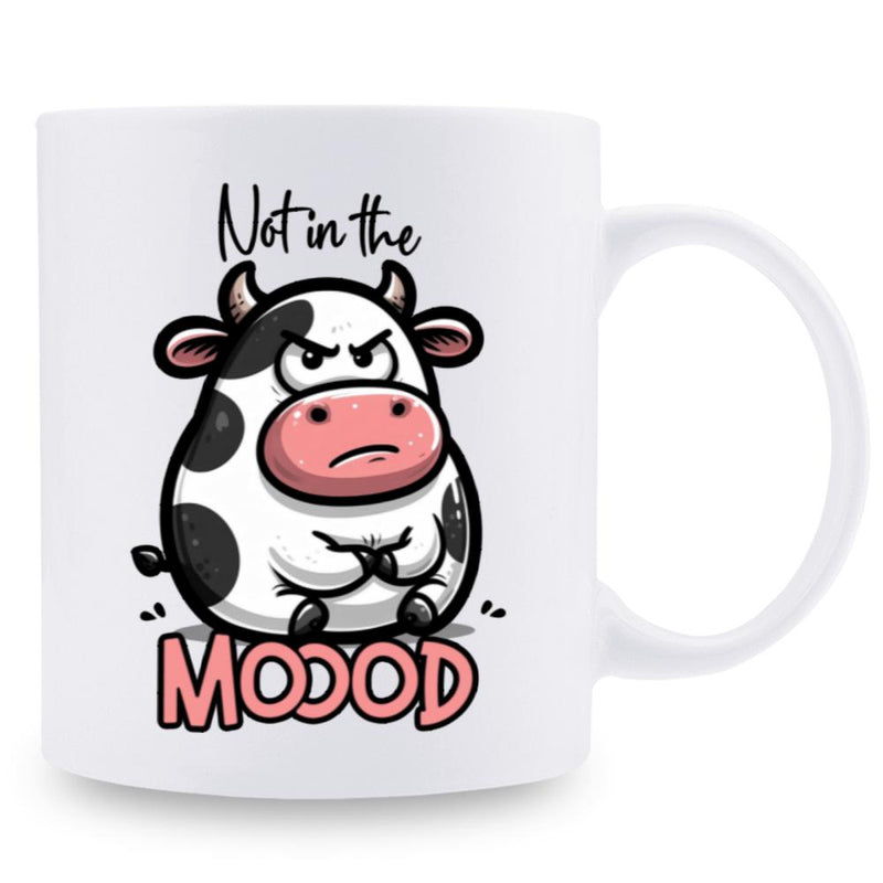 Tailorly White Ceramic 11 oz Mug - Not In The Moood Chubby Grumpy Character Featuring Angry Face And Folded Hooves Cow