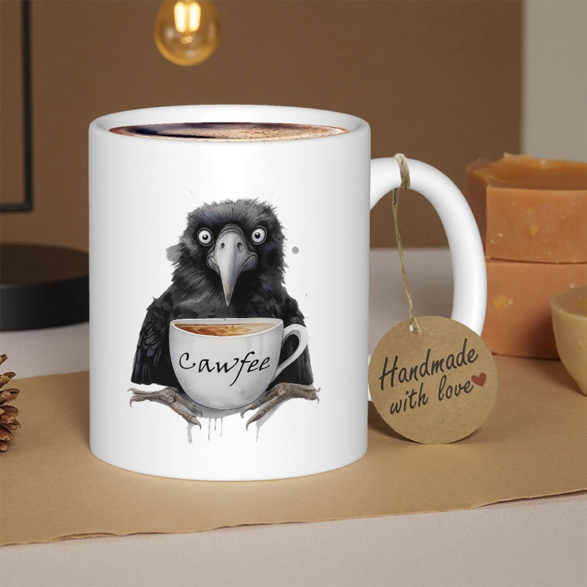 Tailorly White Ceramic 11 oz Mug - Cawfee Funny Wide Eyed Black Bird Holding A Small Steam Filled Cup Crow
