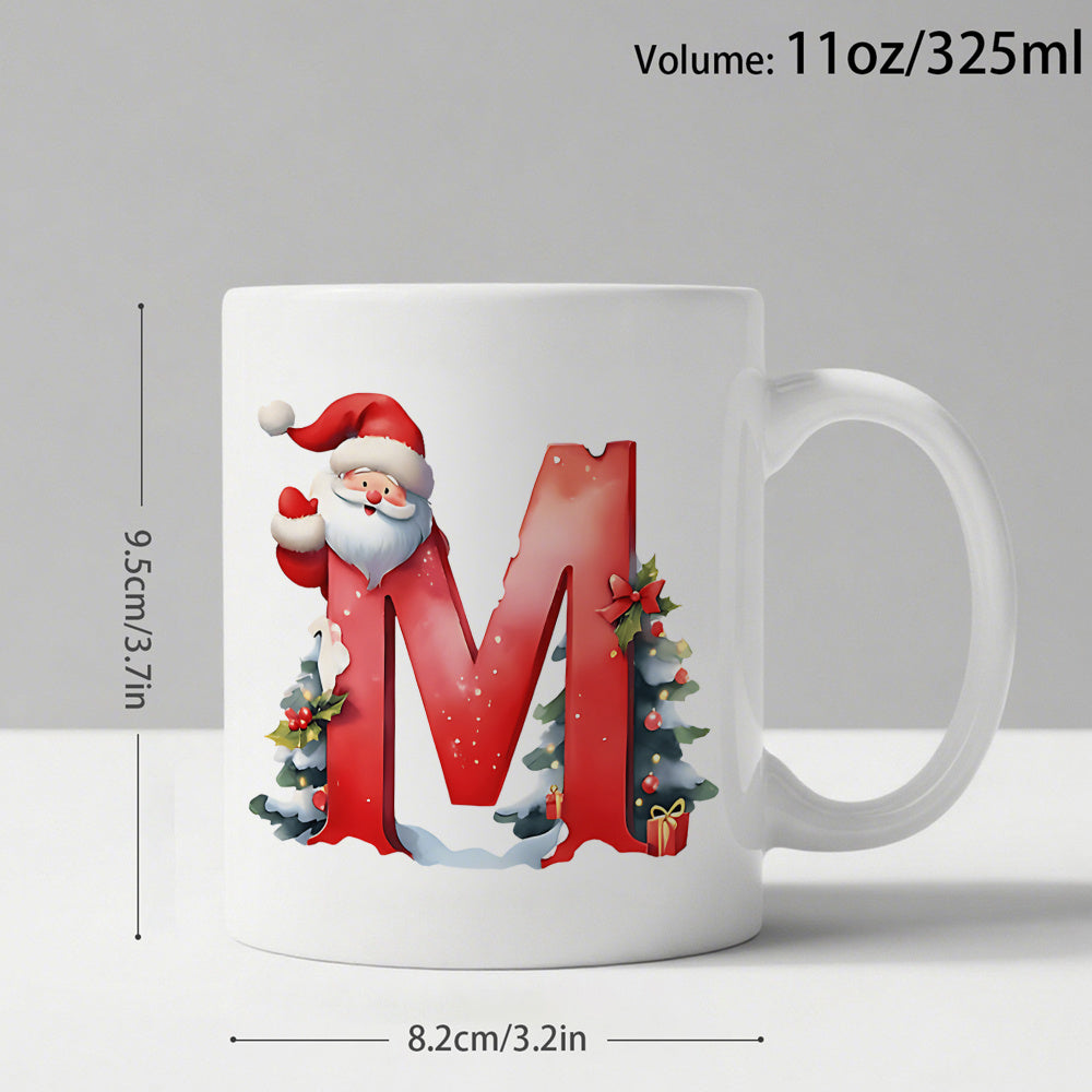 Tailorly White Ceramic 11 oz Mug - Festive Santa Claus Behind Red Letter M Surrounded By Snow And Christmas Trees Mug