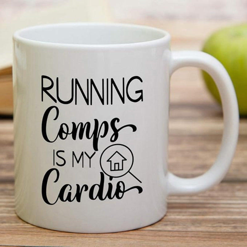 Tailorly White Ceramic 11 oz Mug - Running Comps Is My Cardio Minimalist Magnifying Glass Containing A Tiny House Icon Sign