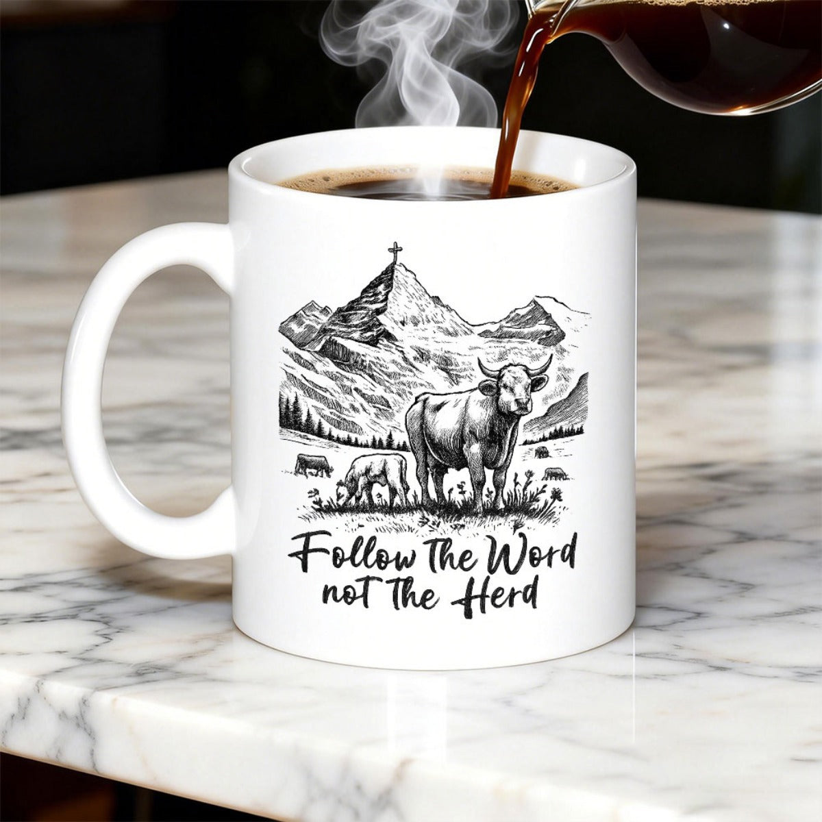Tailorly White Ceramic 11 oz Mug - Follow The Word Not The Herd Serene Mountain Landscape With Cross At Peak Grazing Cow