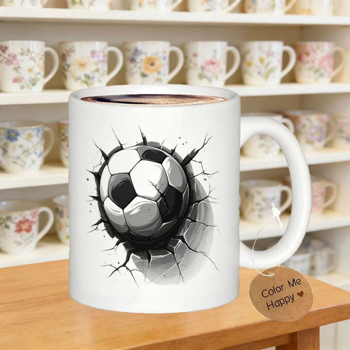 Tailorly White Ceramic 11 oz Mug - Dynamic Action Crashing Through Cracked White Concrete Wall Soccer Ball