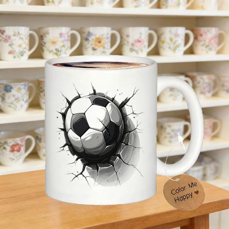 Tailorly White Ceramic 11 oz Mug - Dynamic Action Crashing Through Cracked White Concrete Wall Soccer Ball
