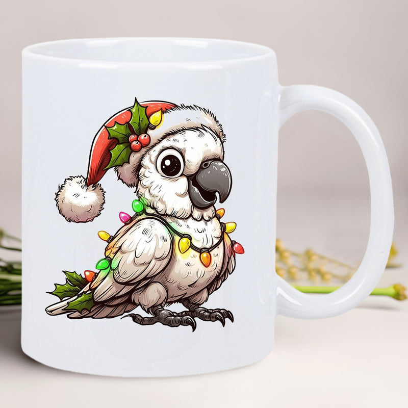 Tailorly White Ceramic 11 oz Mug - Adorable White Bird Wearing Santa Hat And Glowing Christmas Lights Cockatoo