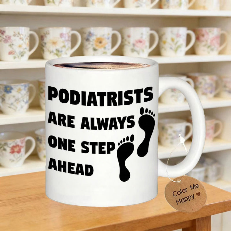 Tailorly White Ceramic 11 oz Mug - Podiatrists Are Always One Step Ahead Minimalist Black Footprints Walking Upward Across A Solid Surface Footprints