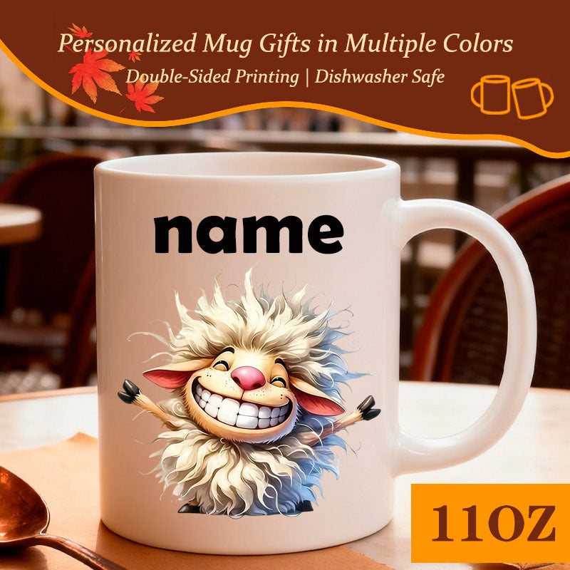 Tailorly White Ceramic 11 oz Mug - Name Adorable Grinning Fluffy Creature With Messy Hair And Wide Smile Sheep