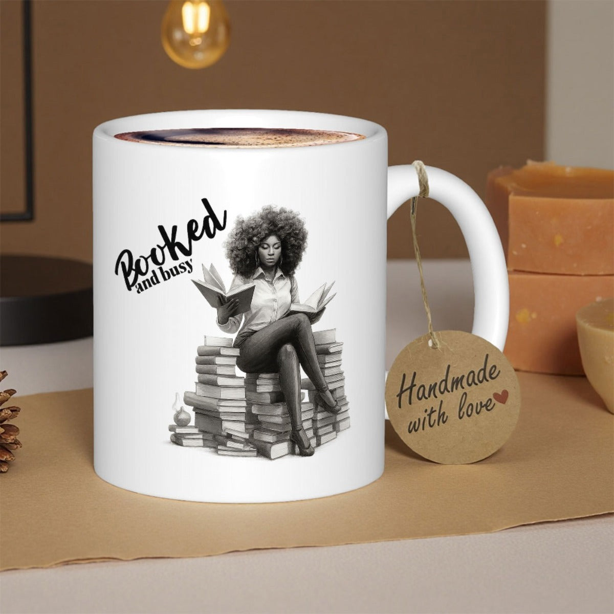 Tailorly White Ceramic 11 oz Mug - Booked And Busy Elegant Afro Woman Sitting On Large Stack Of Books Reading Literature Mug