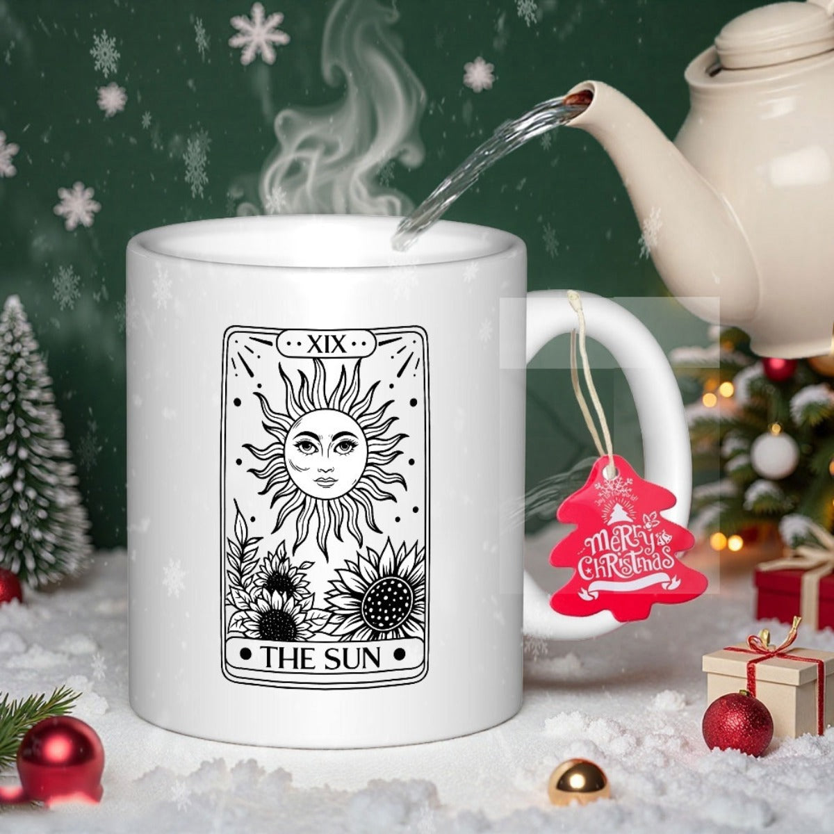 Tailorly White Ceramic 11 oz Mug - The Sun Radiant Celestial Illustration With Human Face Among Flaming Sunbeams Sun