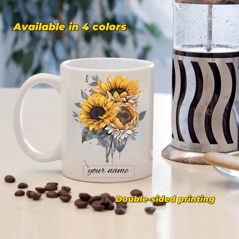 Tailorly White Ceramic 11 oz Mug - Your Name Beautiful Artistic Golden Petals With Elegant Gray Foliage Sunflower