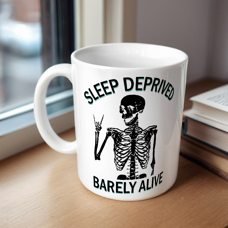Tailorly White Ceramic 11 oz Mug - Sleep Deprived Barely Alive Anatomical Bone Illustration With Hand Doing Rock Sign Gesture Skeleton