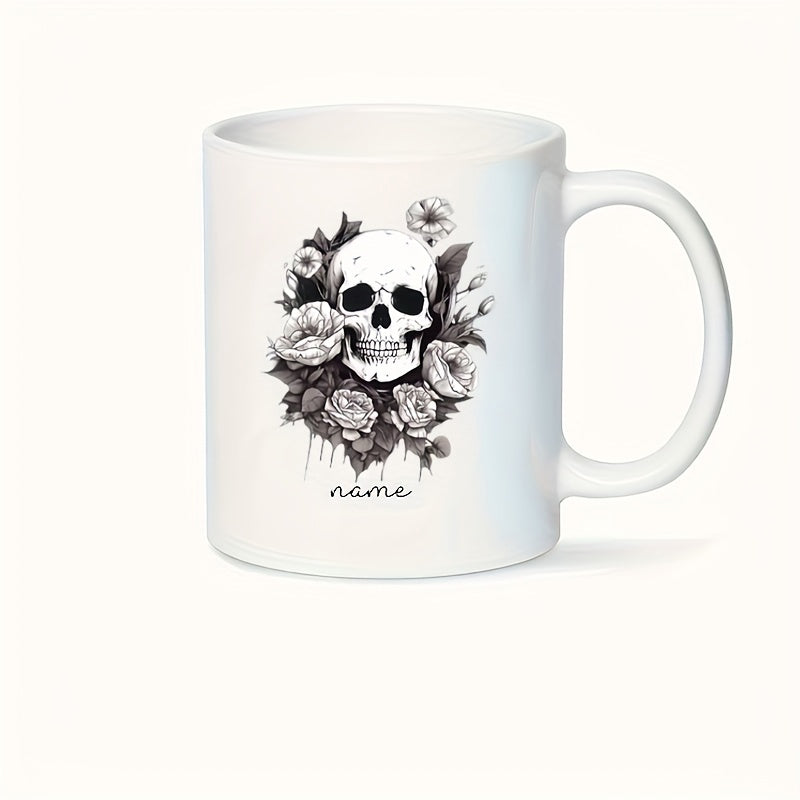 Tailorly White Ceramic 11 oz Mug - Name Artistic Black And White Sketch With Blooming Roses And Detailed Leaves Skull