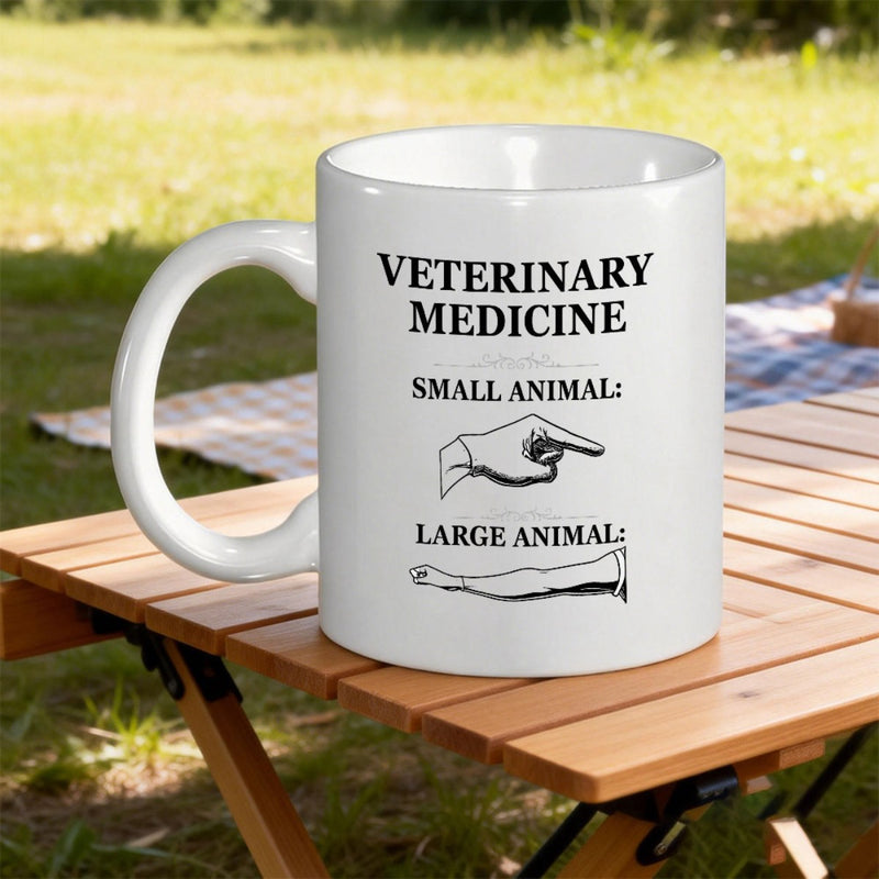 Tailorly White Ceramic 11 oz Mug - Veterinary Medicine Small Animal Large Animal Simple Black Line Art Featuring Exam Gloves And Vet Examination Procedures Mug