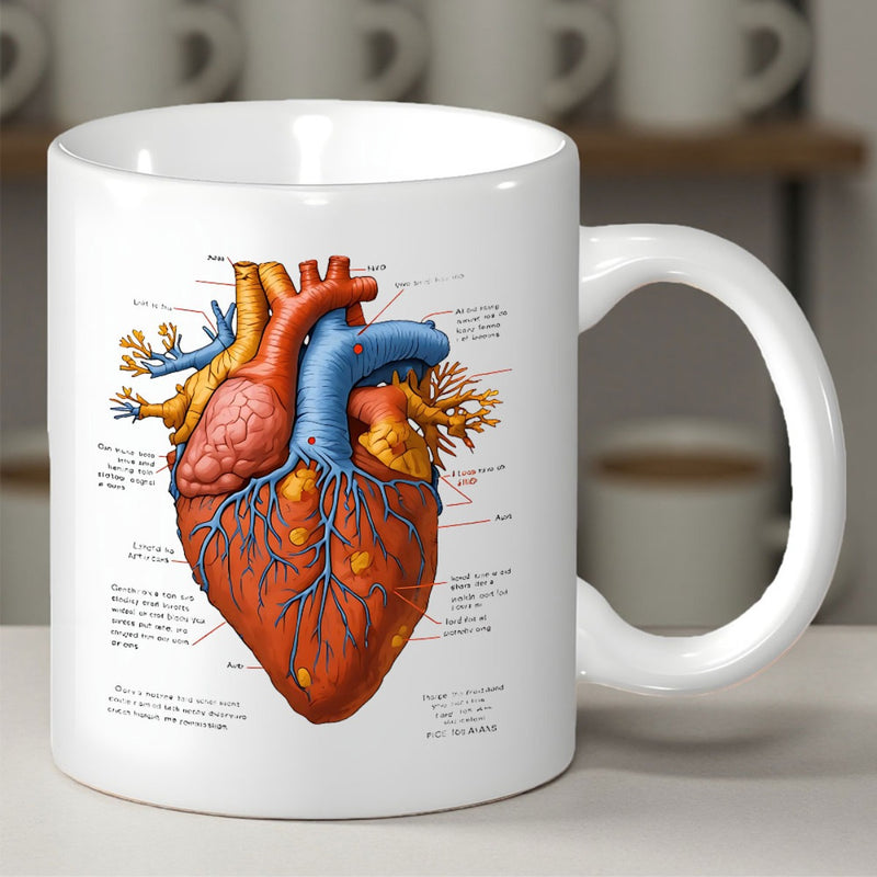 Tailorly White Ceramic 11 oz Mug - Detailed Scientific Medical Illustration Showing Veins And Arteries In Vibrant Colors Heart