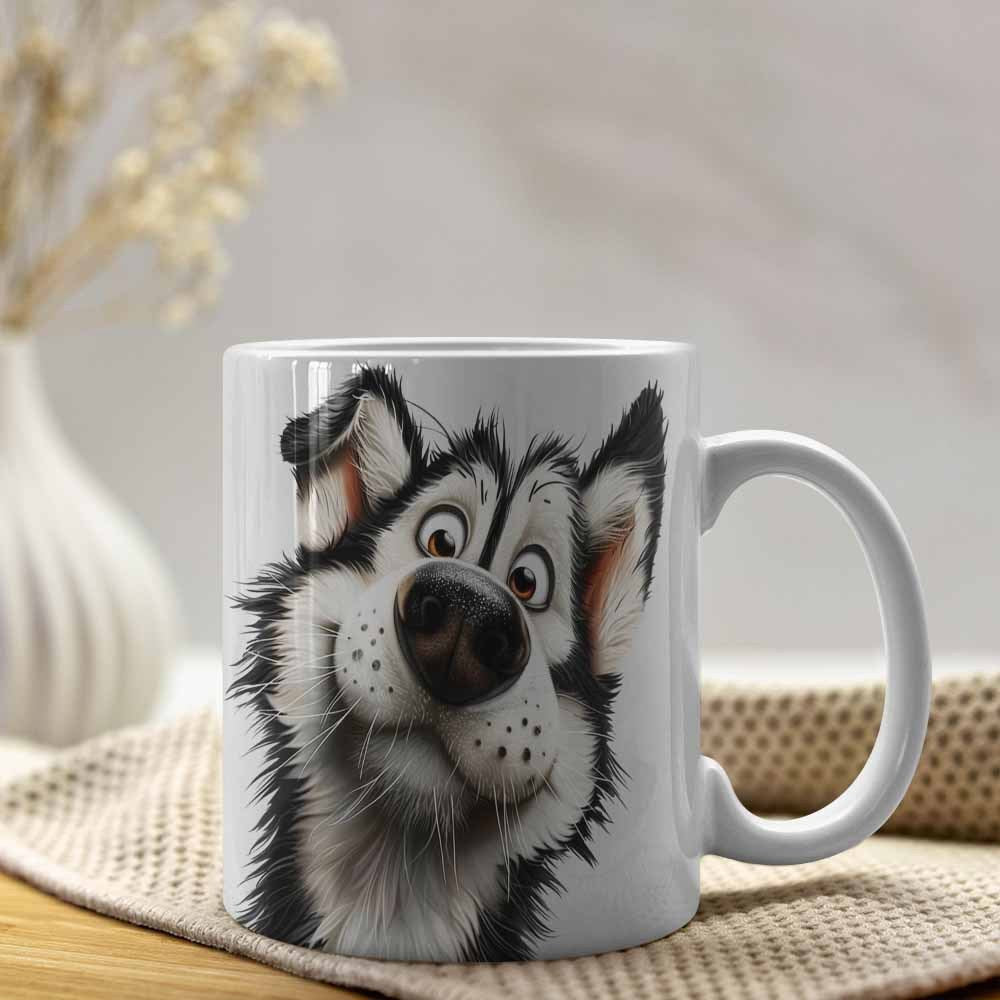 Tailorly White Ceramic 11 oz Mug - Adorable Cartoon Husky With Big Nose And Expressive Happy Eyes Dog