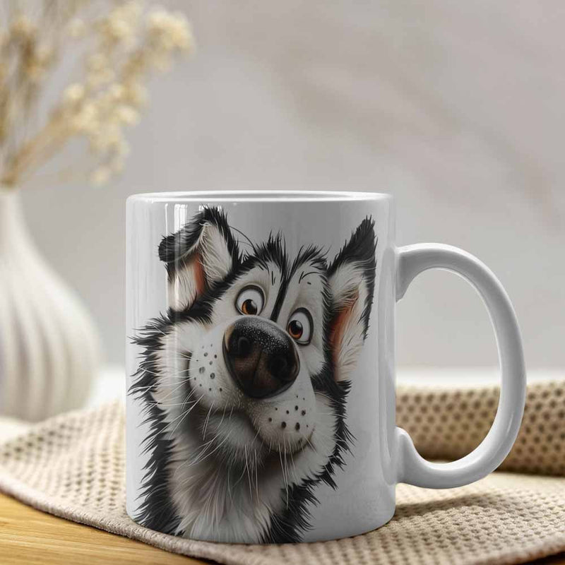 Tailorly White Ceramic 11 oz Mug - Adorable Cartoon Husky With Big Nose And Expressive Happy Eyes Dog