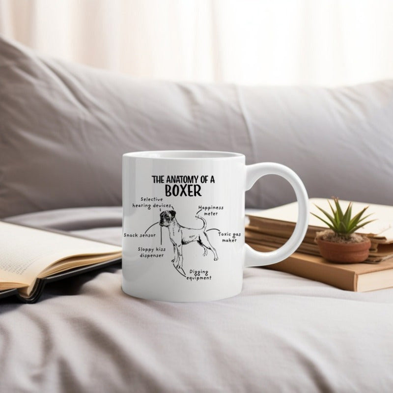 Tailorly White Ceramic 11 oz Mug - The Anatomy Of A Boxer Minimalist Line Drawing Detailed Anatomical Chart Showing Playful Character Features Boxer