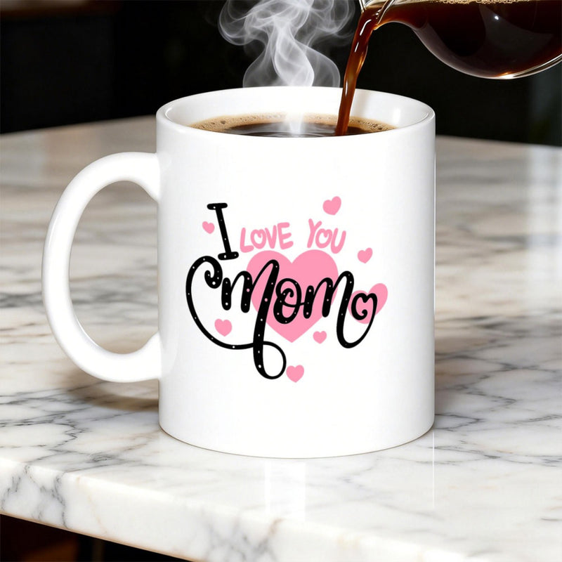Tailorly White Ceramic 11 oz Mug - I Love You Mom Elegant Script Floating Among Delicate Pink Petals And Central Heart