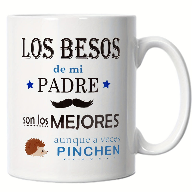 Tailorly White Ceramic 11 oz Mug - Cute Small Brown Animal Beside A Stylized Black Mustache Hedgehog