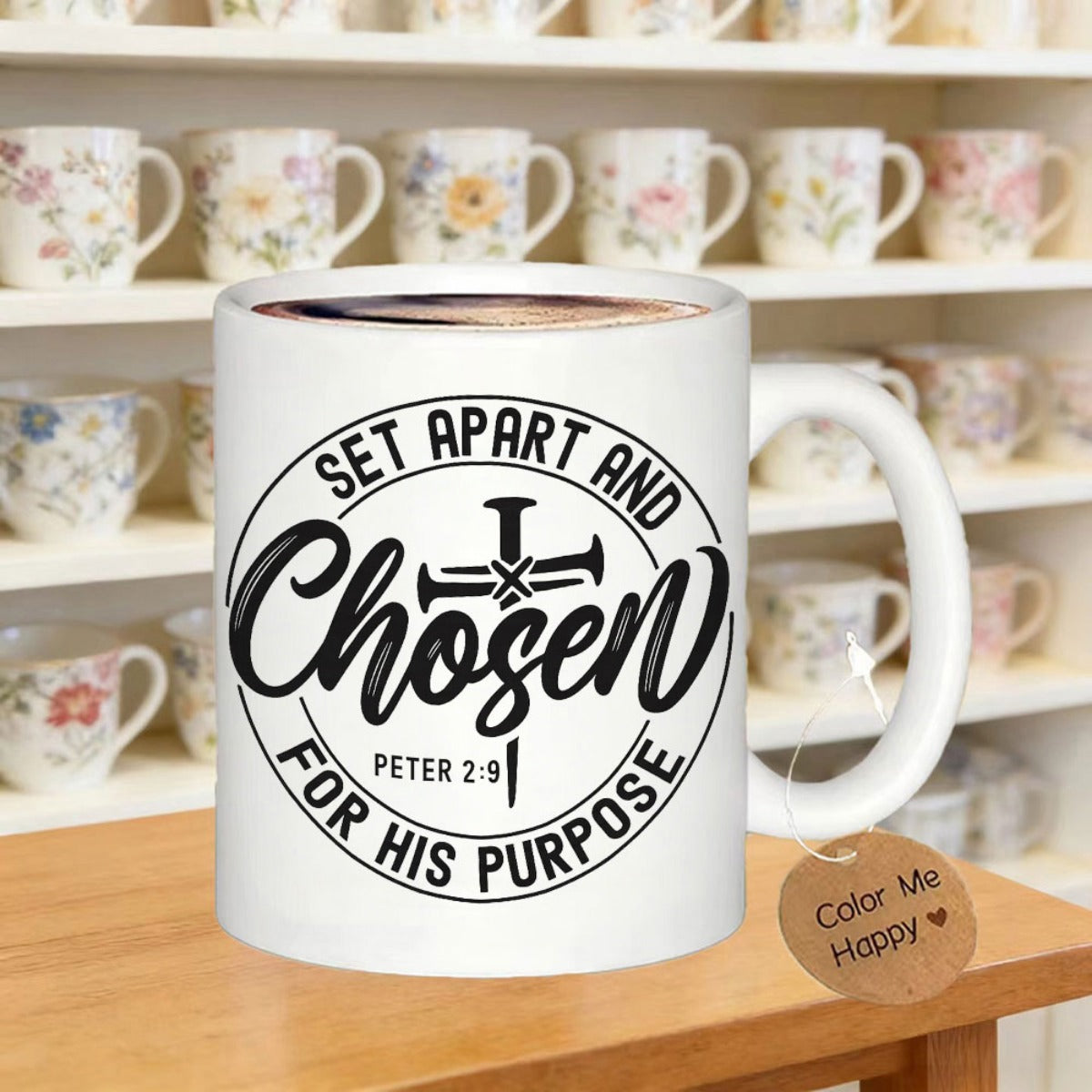Tailorly White Ceramic 11 oz Mug - Set Apart And Chosen For His Purpose Peter 2 9 Circular Design With Three Nails Forming Religious Cross Mug