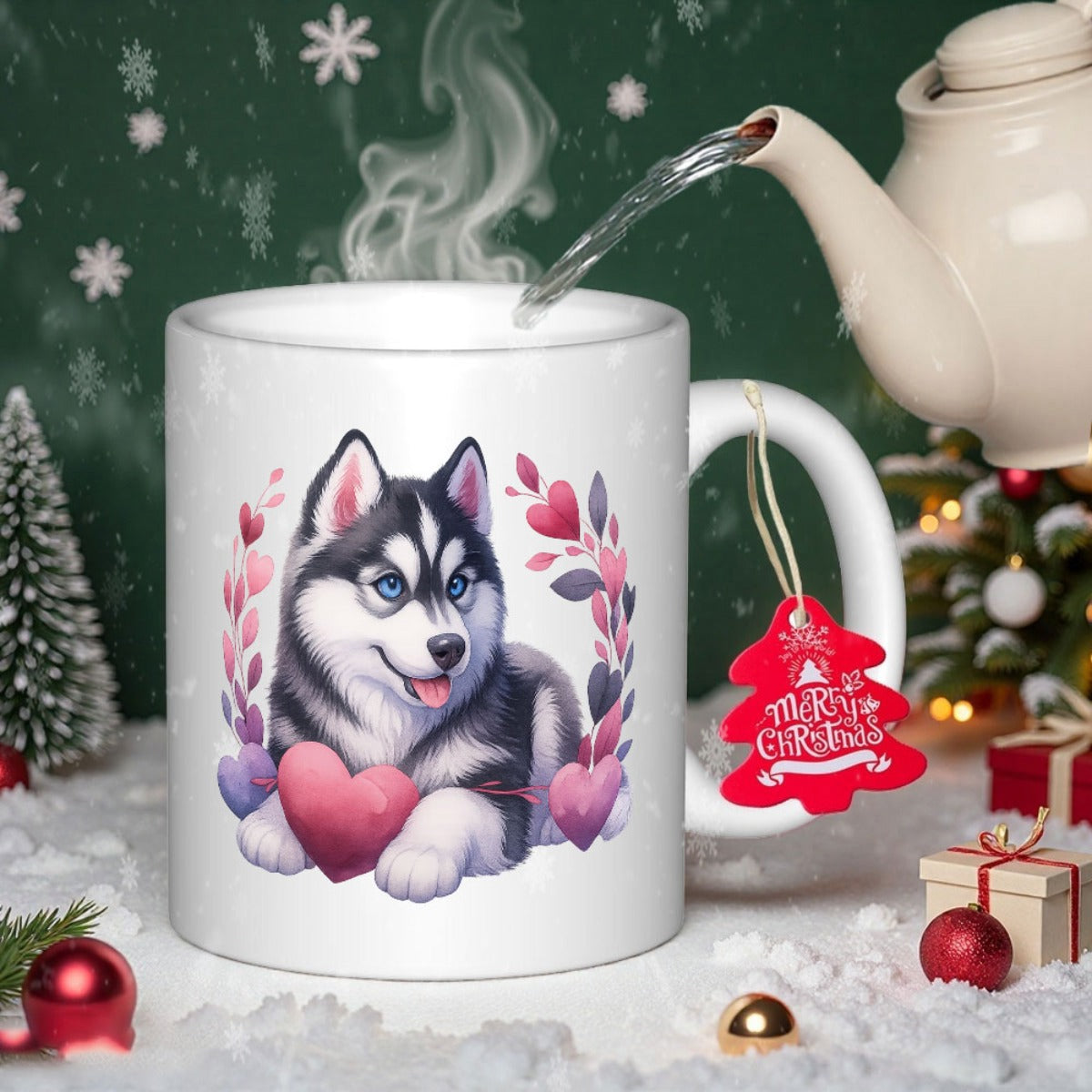 Tailorly White Ceramic 11 oz Mug - Merry Christmas Adorable Fluffy Puppy Surrounded By Pink Hearts And Floral Wreaths Husky