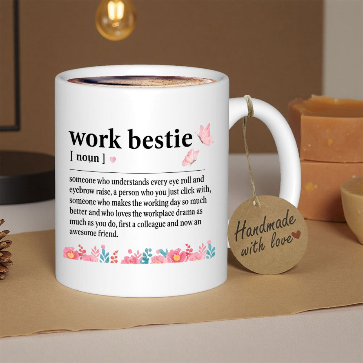 Tailorly White Ceramic 11 oz Mug - Work Bestie Noun Elegant White Ceramic With Delicate Pink Butterflies And Floral Border Mug