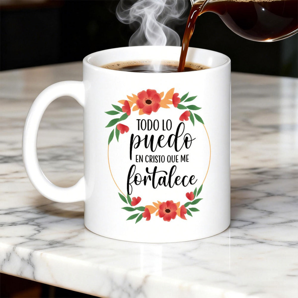 Tailorly White Ceramic 11 oz Mug - Vibrant Red Blooms Surrounded By Delicate Green Leaves Within A Circular Frame Flower