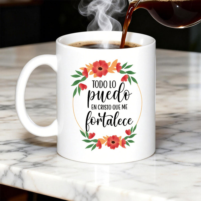 Tailorly White Ceramic 11 oz Mug - Vibrant Red Blooms Surrounded By Delicate Green Leaves Within A Circular Frame Flower