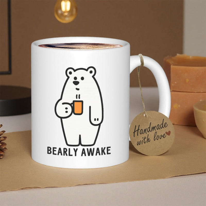 Tailorly White Ceramic 11 oz Mug - Bearly Awake Handmade With Love Minimalist Cute Illustration Showing A White Polar Bear Drinking Hot Morning Coffee Bear