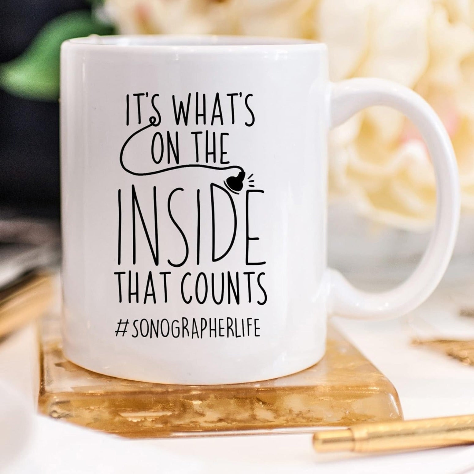 Tailorly White Ceramic 11 oz Mug - Its Whats On The Inside That Counts Sonographerlife Minimalist Medical Heart Shaped Ultrasound Cord With Transducer Probe
