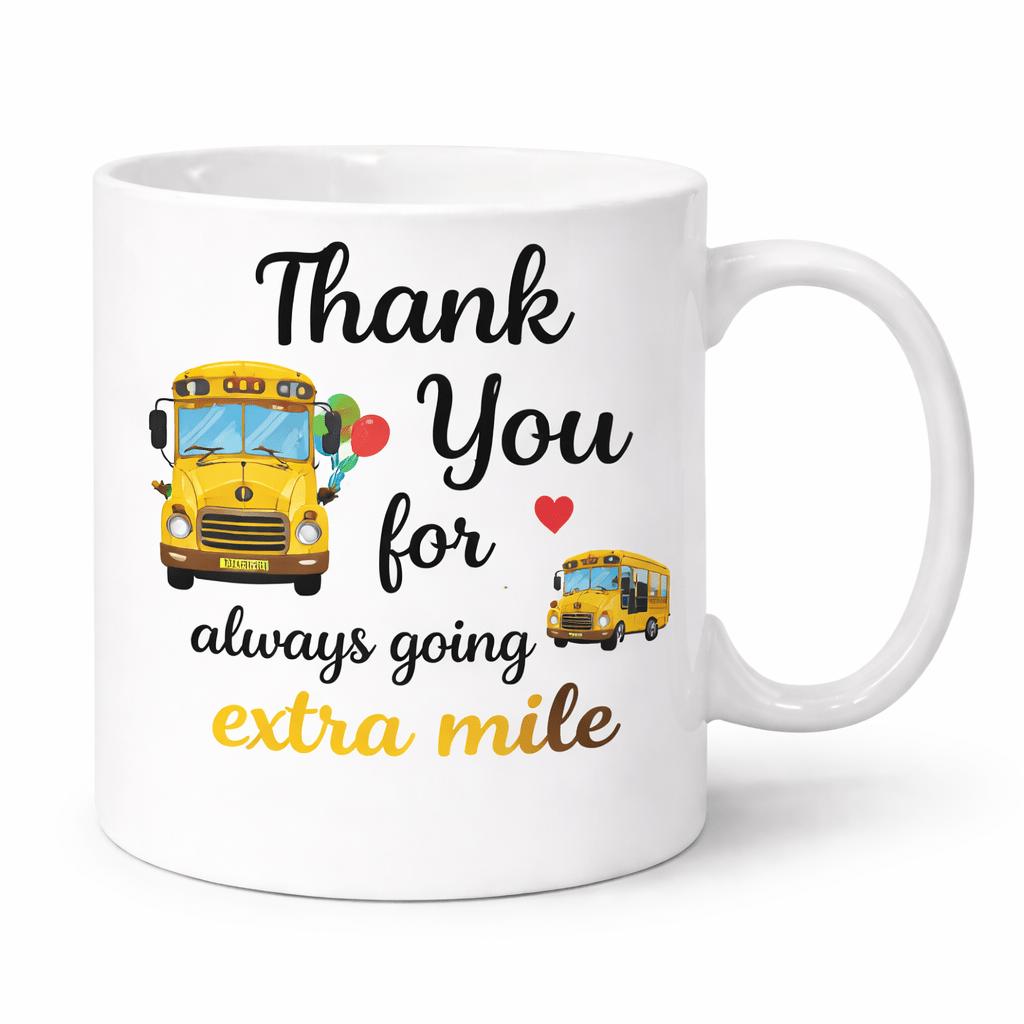 Tailorly White Ceramic 11 oz Mug - Thank You For Always Going Extra Mile Iconic Yellow Vehicle Driving With Colorful Balloons And Heart Symbols Among School Bus